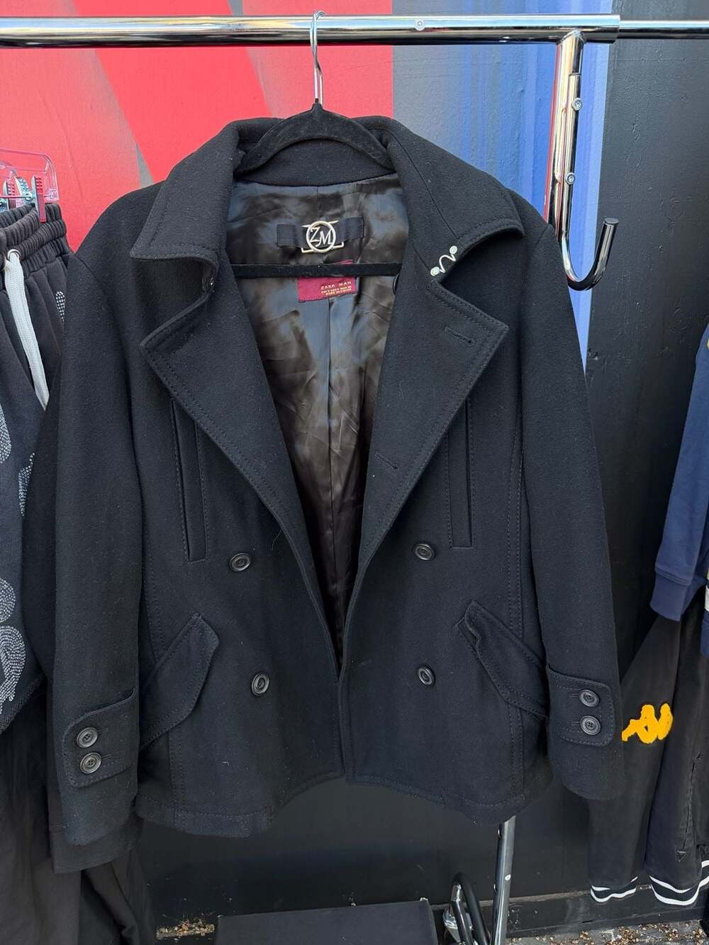 Zara Man Black Double-Breasted Wool Blend Peacoat Size S